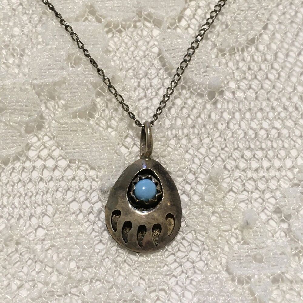 Vintage Sterling Silver Pendant Mini Turquoise Navajo Bear Claw Native *Read